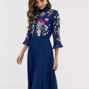 ASOS Embroidered Navy Pleated Skirt Dress